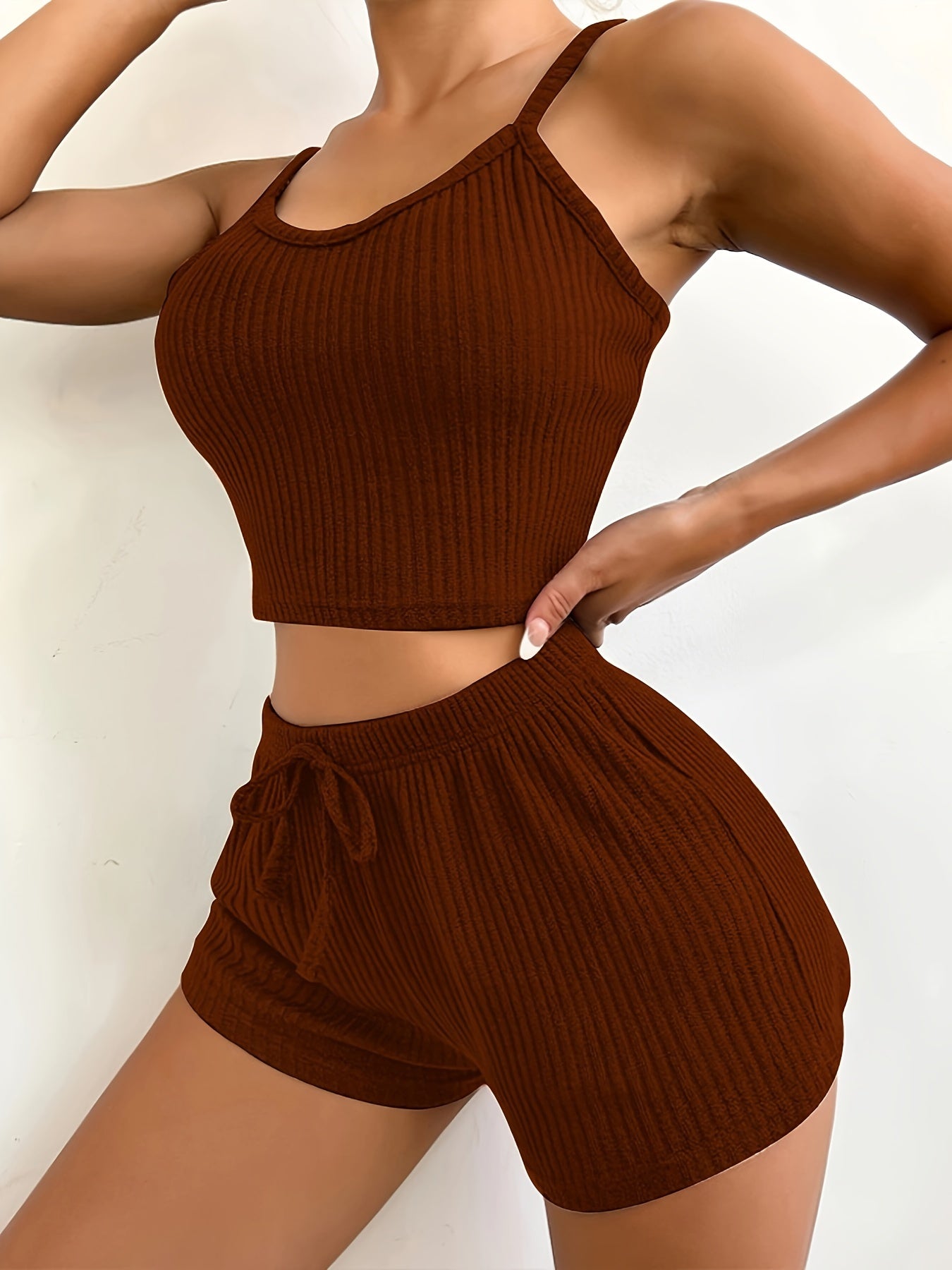 Solid Ribbed Slim Fit Lounge Set, Casual Round Neck Crop Cami Top & Drawstring Shorts, Women's Loungewear