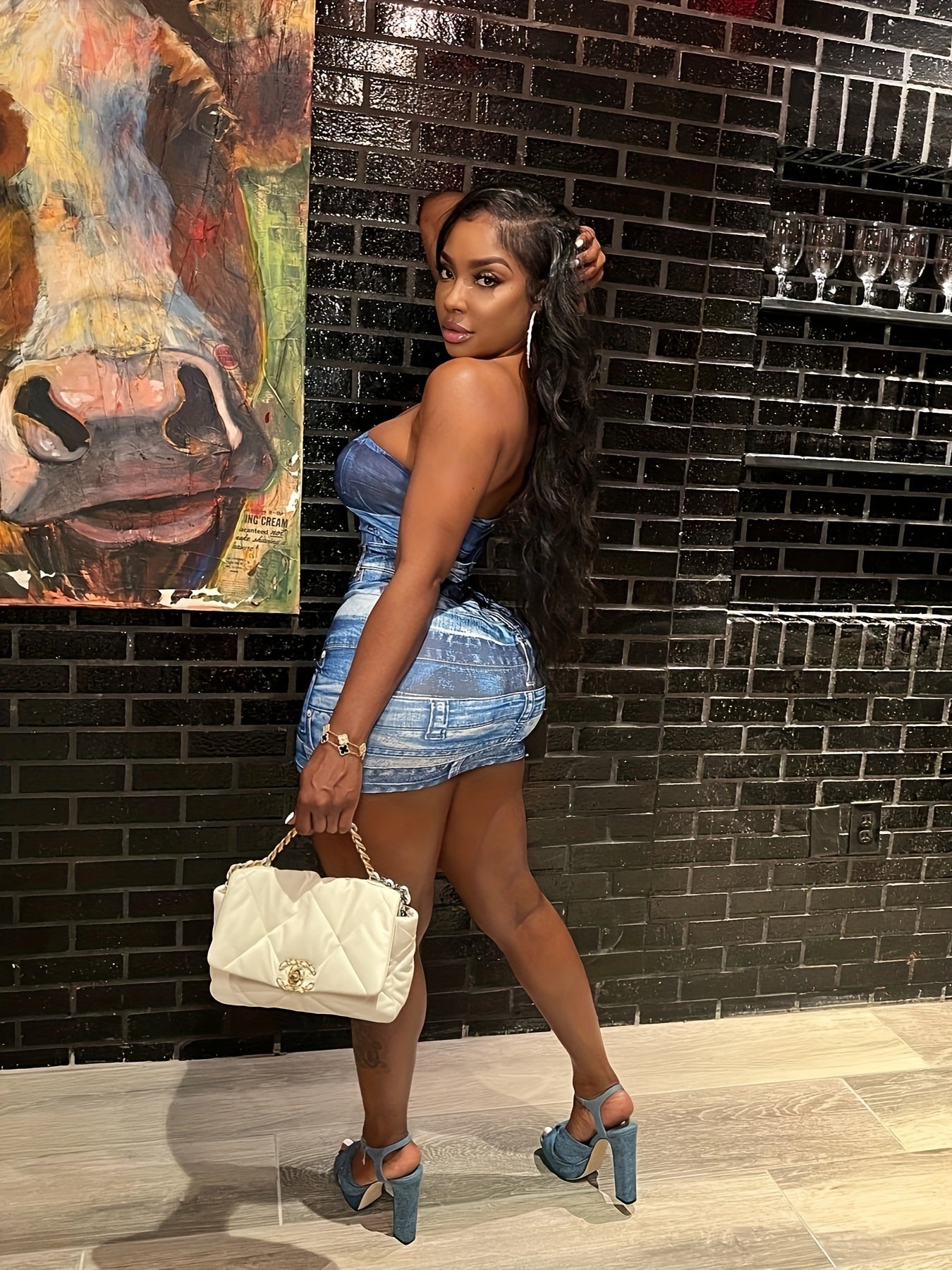 Sleeveless Denim Print Bodycon Mini Dress - Sexy Off-Shoulder Design, Stretchy Polyester Blend, Summer Casual Wear for Women, Light Blue Denim-Like Fabric, Perfect for Urban Fashion, Denim Dress