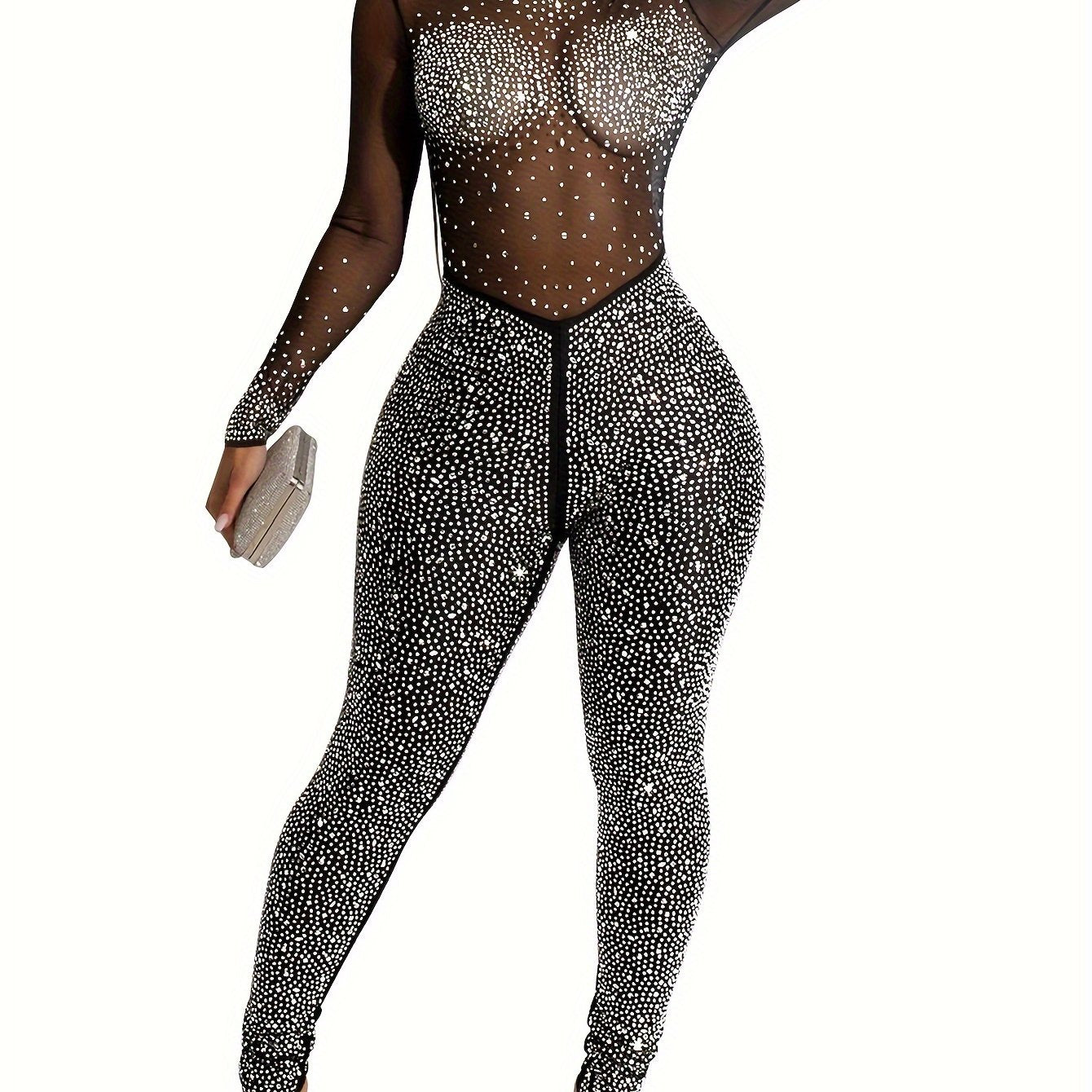 Solid Color Stand Neck Jumpsuit, Y2K Mesh Rhinestone Long Sleeve Jumpsuit For Spring & Summer, Women's Clothing