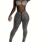 Solid Color Stand Neck Jumpsuit, Y2K Mesh Rhinestone Long Sleeve Jumpsuit For Spring & Summer, Women's Clothing