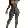 Solid Color Stand Neck Jumpsuit, Y2K Mesh Rhinestone Long Sleeve Jumpsuit For Spring & Summer, Women's Clothing