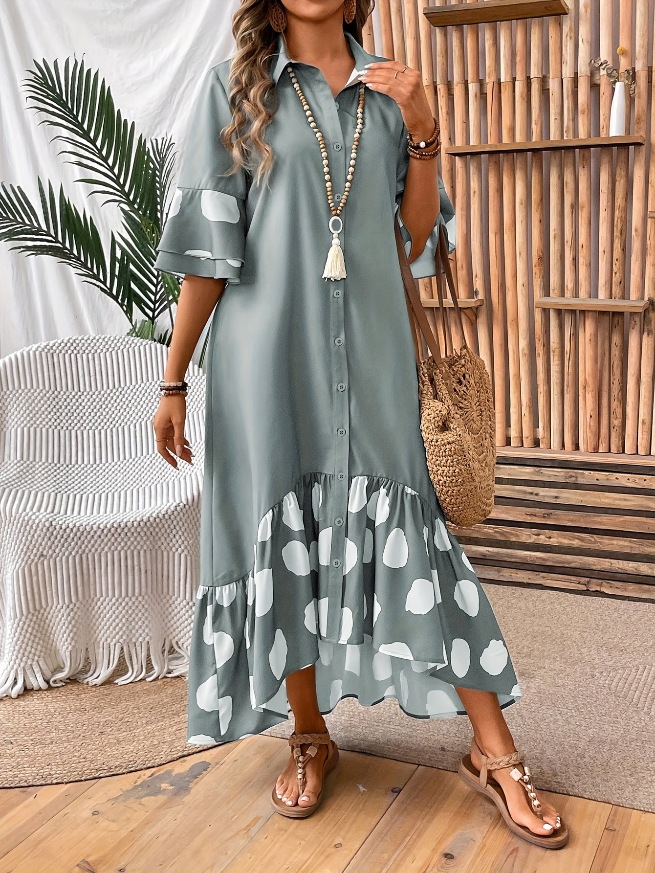 Elegant Women'S Long Sleeveless Dress with Front Button Detail and Polka Dot Print - Semi-Sheer A-Line Midi Skirt Dress for Spring/Fall, Cute Dress