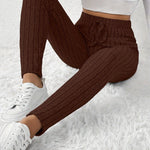 Elegant High-Waist Ribbed Knit Pants for Women - Cozy & Chic Brown Slim-Fit Trousers with Elastic Waistband, Perfect for Fall/Winter Casual Wear