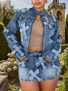 Skirt Sets Women 2pcs Outfits Denim Long Sleeve Full Zip Embroidery Crop Jean Jacket Mini Skirt Set
