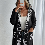 Women's Letter Print Open Front Knit Cardigan - Casual Hoodie Long Sleeve - Cozy Fleece Material - For Fall & Winter - Perfect for Casual Wear & Layering - Ideal Gift for Women