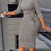 Chic Vintage Houndstooth Dress - Bodycon, 3/4 Sleeve, All-Season, Durable & Easy Care, Unique Split Design
