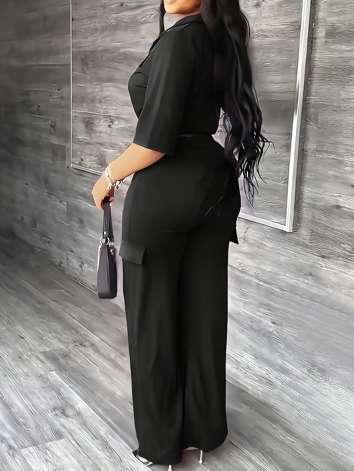 [Elegant Women's Outfit] Elegant Women's Outfit - High-Waisted Straight-Leg Pants with Drawstring Hem - Allseason Outfit, Glossy Fabric, European And American Style