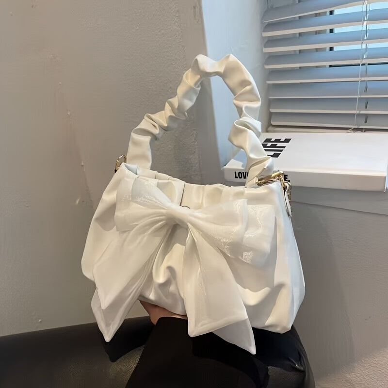 Chic Sweet Style Bowknot Decorated Handbag, Fashionable Solid Color Purse with Ruched Handle, Magnetic Closure, Polyester Lining - Mixed Color