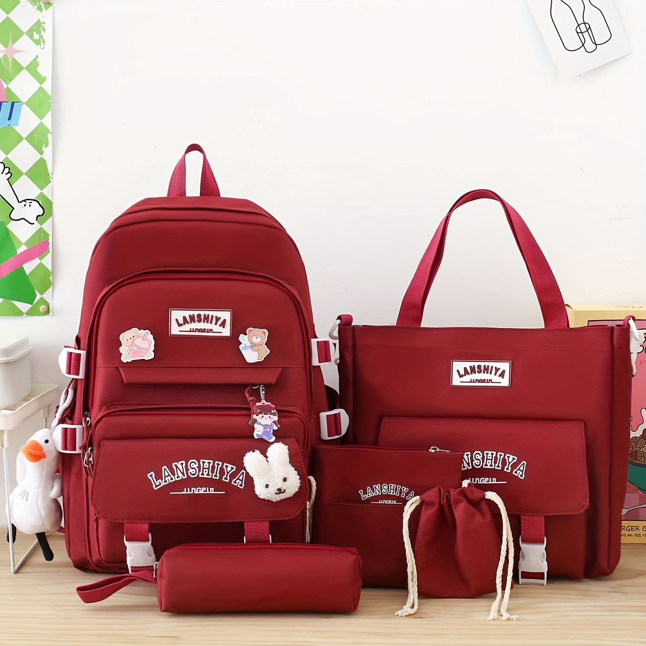 5 - Piece Set of Solid - Color Student Backpack Sets, Large - Capacity And Multifunctional, with Adorable Charms And Badges