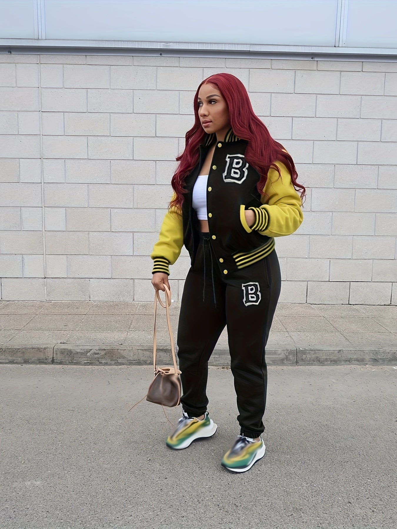 Two-piece Set, Button Front Varsity Jacket & Drawstring Jogger Pants Outfits, Letter Pattern Casual Women's Clothing