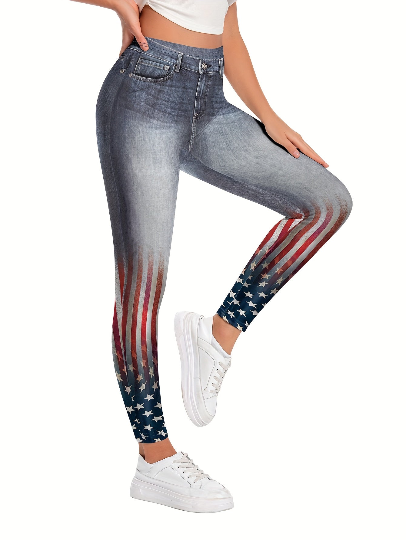 Women's High-Waisted Imitation Denim 3D All-Over Print Leggings - Patriotic American Flag Design, High-Stretch Machine-Washable Yoga Pants for Casual Wear & 4th of July Outfits, Seasonal Fashion | Stylish Flag Pattern | Comfo