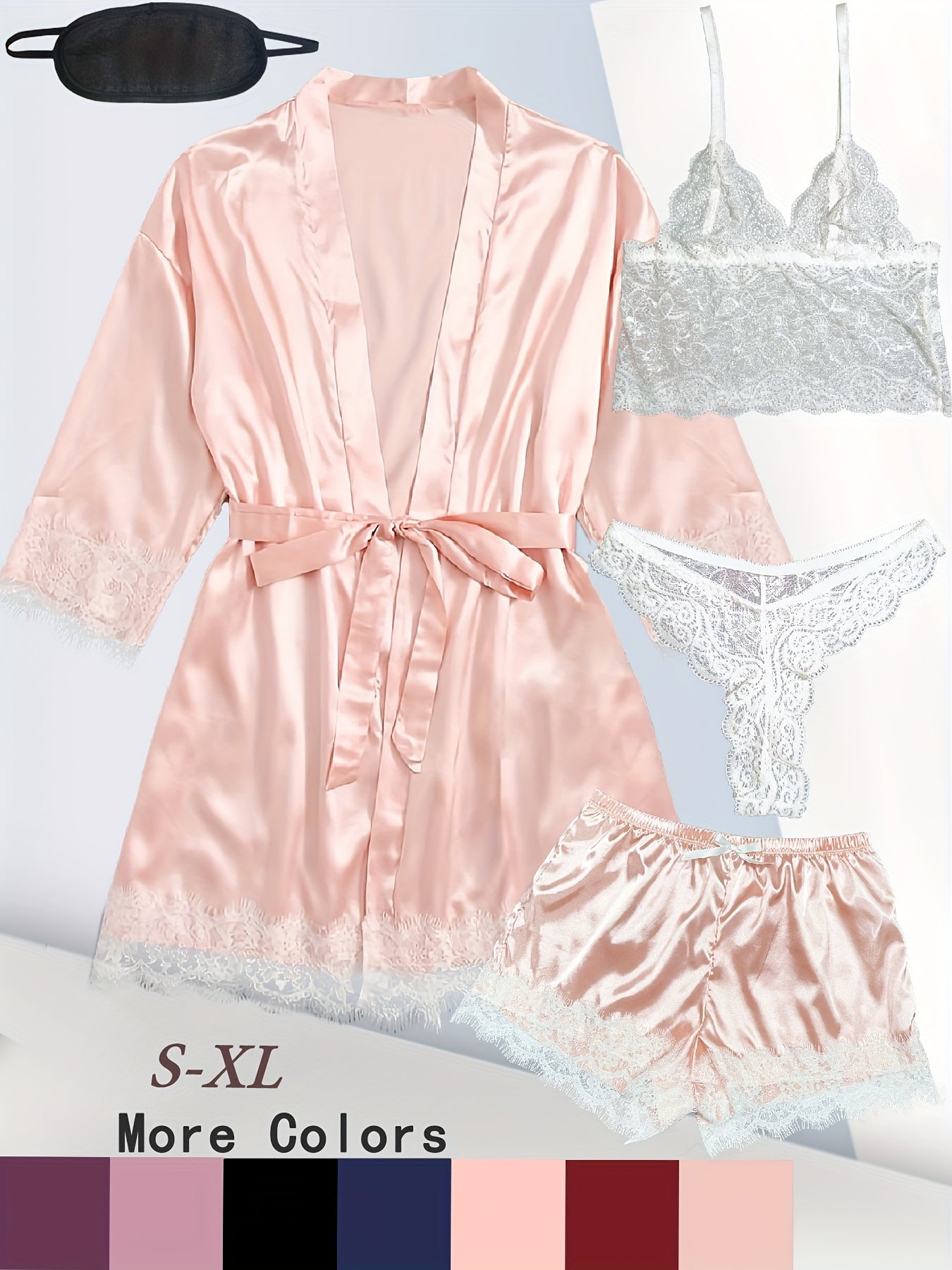 Women's Plus Sexy Lounge Set - Plus Size Satin Contrast Eyelash Lace Belted Nightgown & Camisole & Panty & Shorts With Free Eye Mask - For Women - Perfect for Lounging & Sleepwear - Ideal Gift for Her