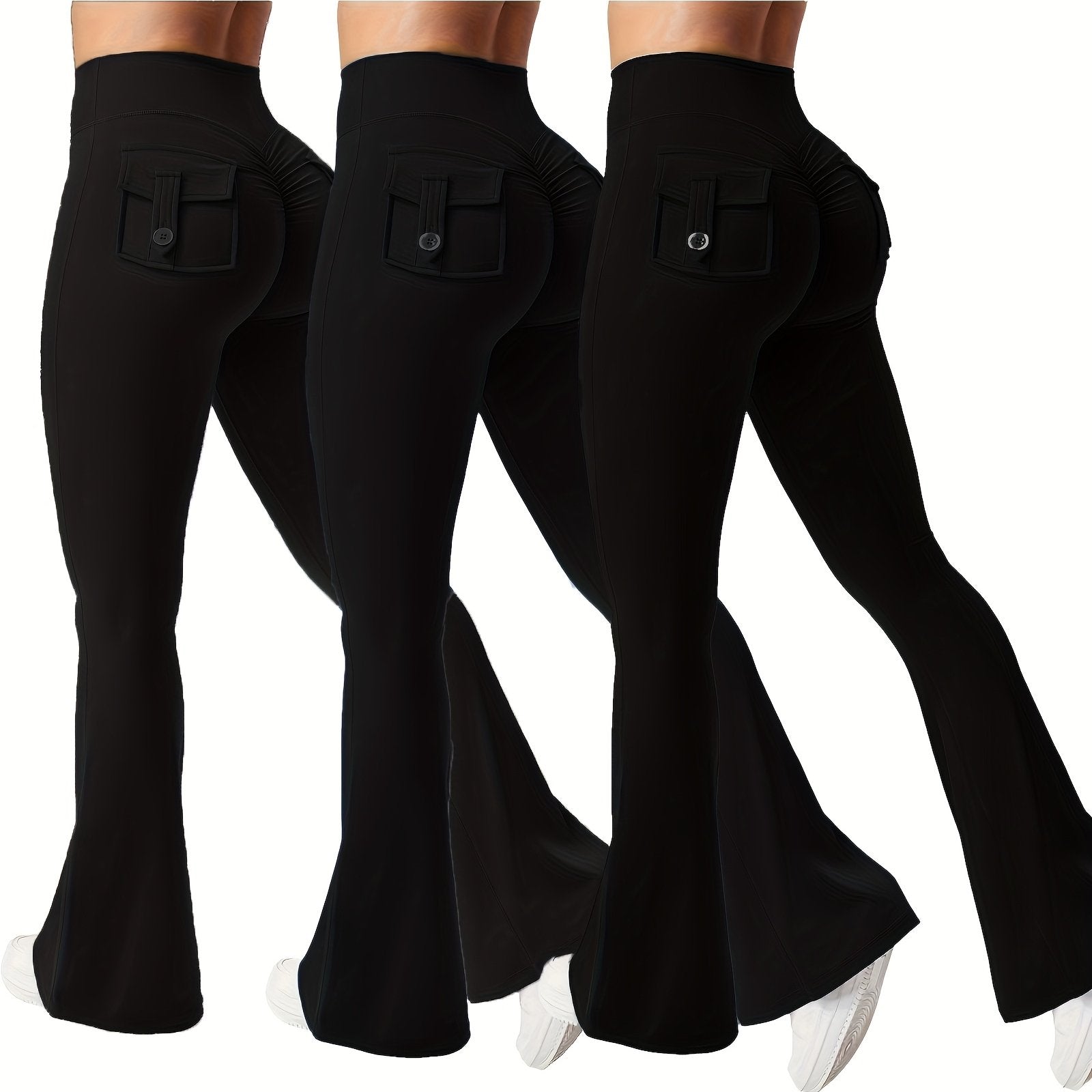 3pcs Of Black, Gray And Green Fashionable Workwear Style Bell Bottoms, Women's Casual Bell Bottoms, High Waist Pocket Sportswear, Work Style Peach Hip Pants, Sports Quick-drying Tummy Control Butt Lifting Trousers Flare L