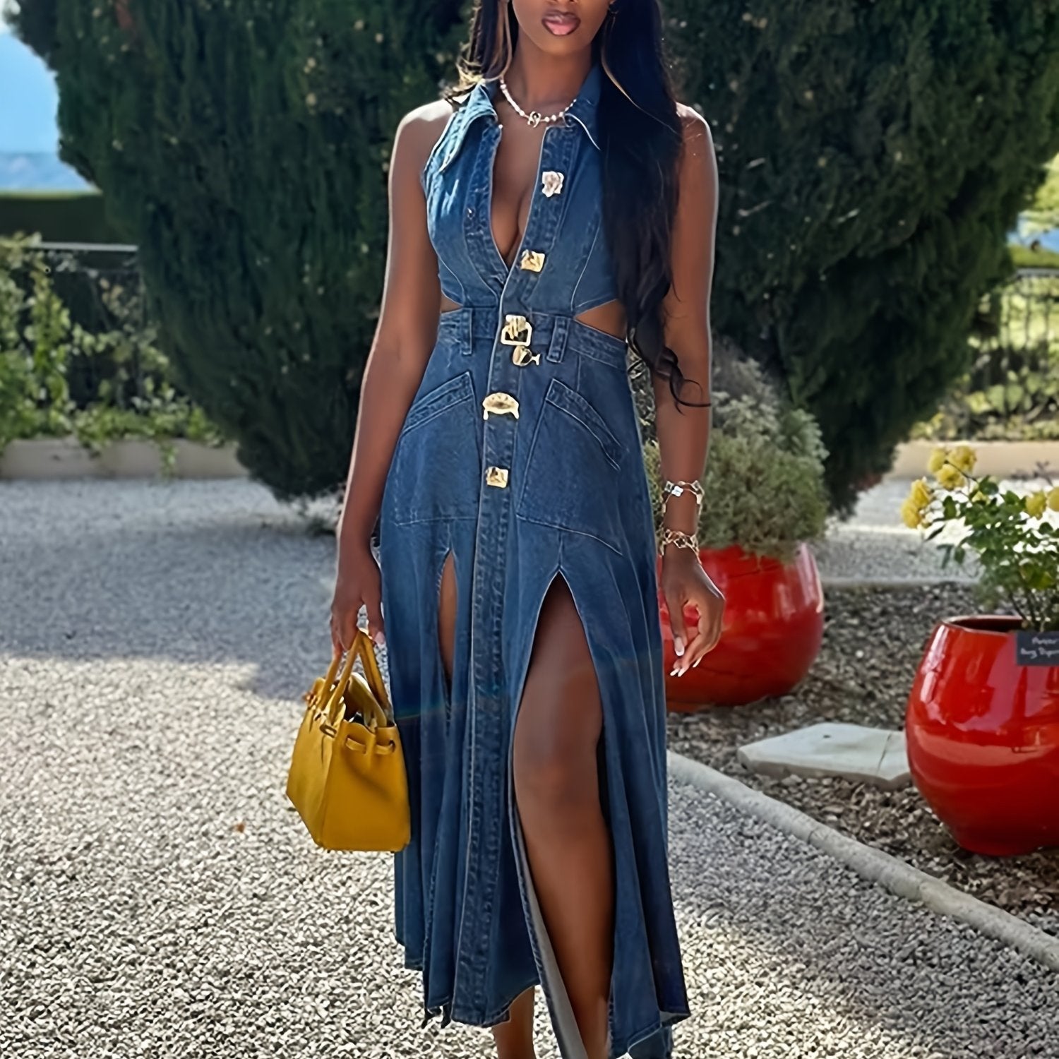 Women's Sleeveless Denim Dress with Open Waist Cut-Out & Split Hem - Golden-Tone Metal Buttons, Square Neck Casual Summer Dress, Machine Washable Mid-Length Skirt for Daily Outings & Gatherings, Evening Event Attire, Decorati
