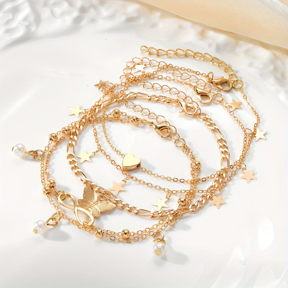 38pcs Bohemian Retro Anklets, Mixed Layered Chain With Star And Heart Pendants, Vintage Cuban Link Beach Vacation Jewelry, Multi-Layered Stackable Foot Chains For Women