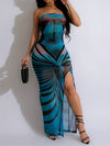 Women'S Sexy Strapless High Slit Maxi Dress, Summer Knit Fabric with Stripe Pattern, 95% Polyester 5% Elastane, Mesh Bandeau Style, 175g/m² Lining Weight, 100g/m² Fabric Weight
