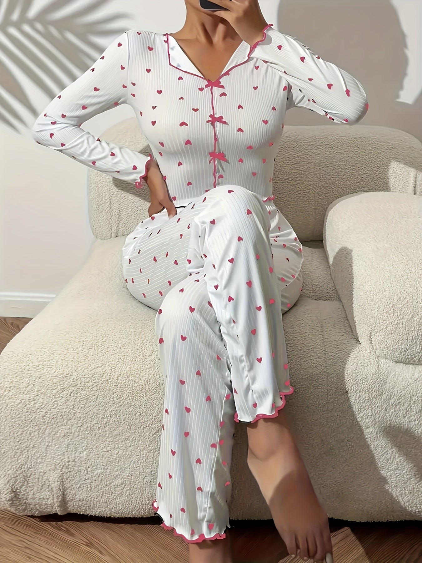 Autumn New Product Love Print Collar Spiral Jacquard Women's Long Sleeve Long Pants Home