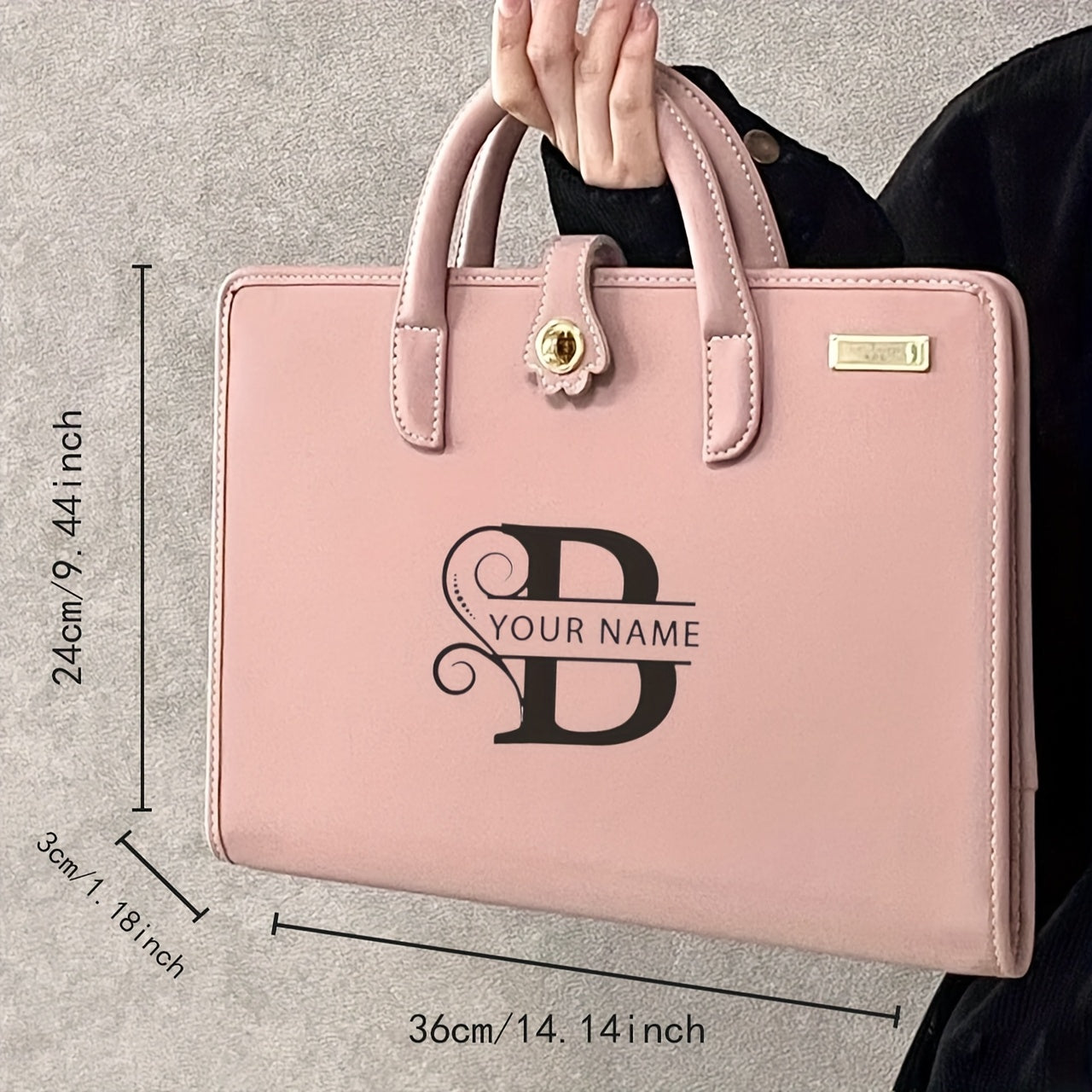 1 Pink PU Leather Laptop Tote Bag with Personalized Name, Floral Pattern, Magnetic Flap Closure, Portable Briefcase for Office and School