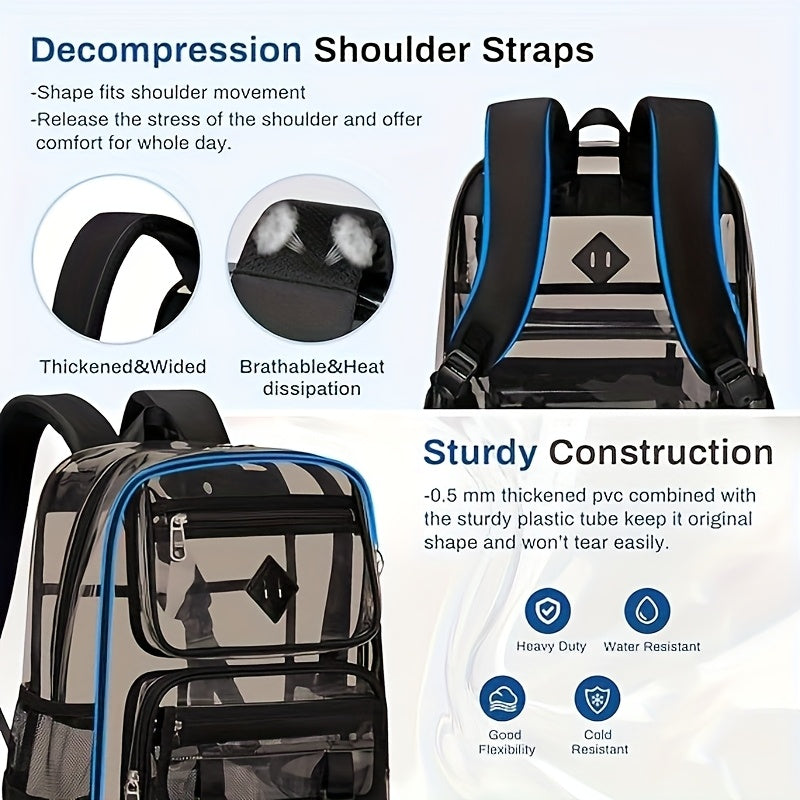 Casual Travel Men'S Backpack, 4.23gal Large Capacity, Lightweight Transparent Bag, Adjustable Shoulder Straps, Gym Approved, Outgoing Commuter Backpack, Black