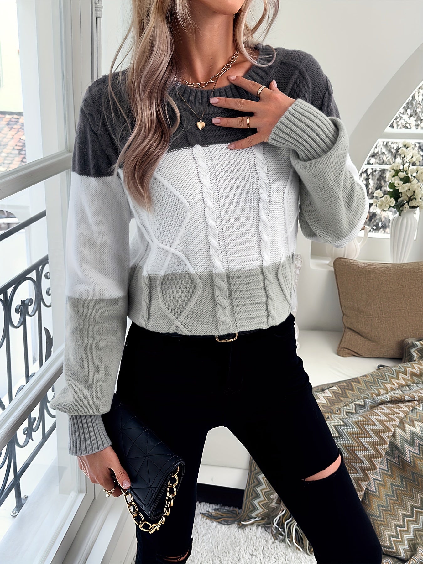 Autumn/Winter Rhombus Color Block Knit Sweater – Women's Elegant Long Sleeve Round Neck Pullover