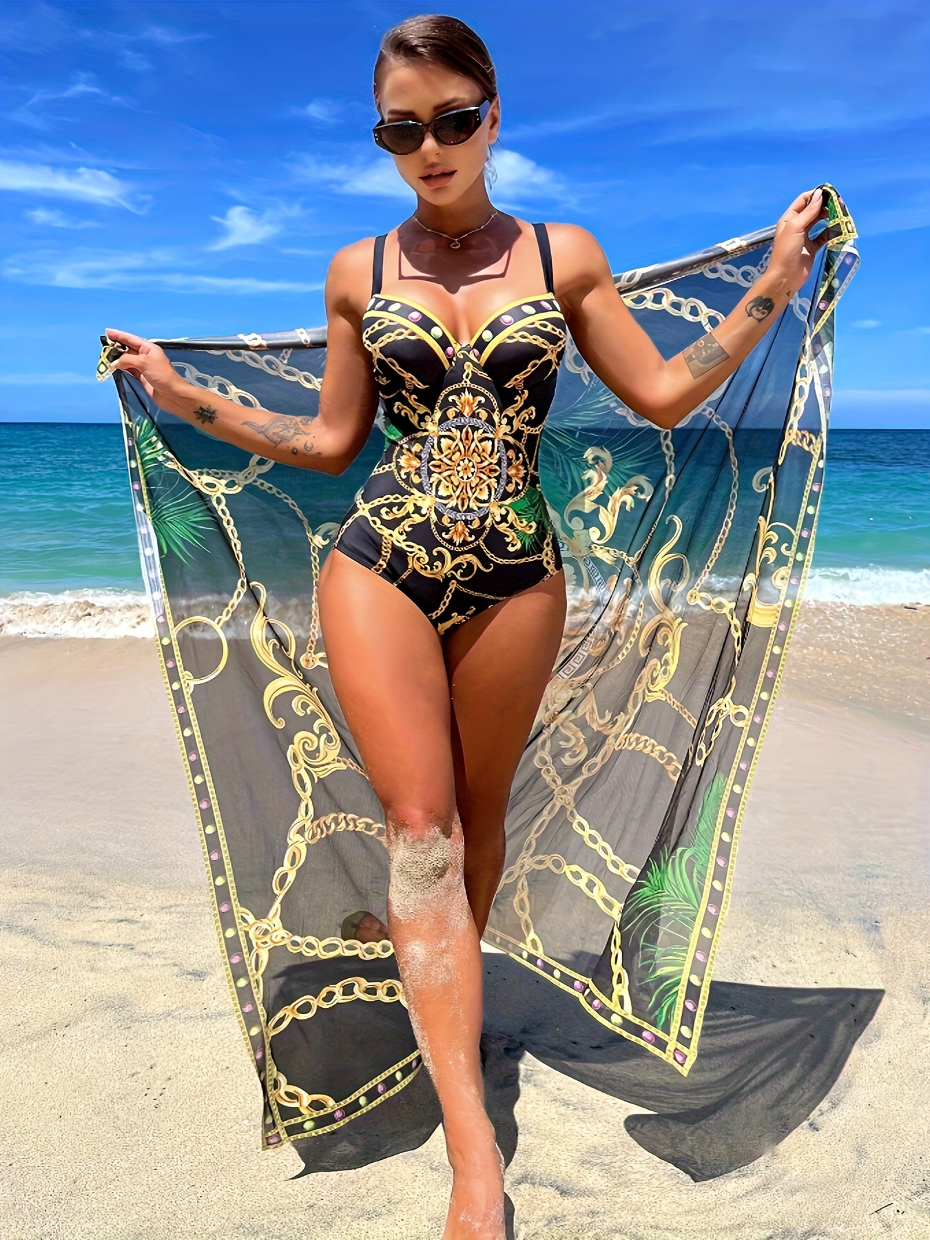 Chain Print Elegant 2 Piece Swimsuits, V Neck Push Up Spaghetti Strap One-piece Bathing-suit & Cover Up Skirt - For Women - Summer Beachwear - Perfect Gift for Vacation