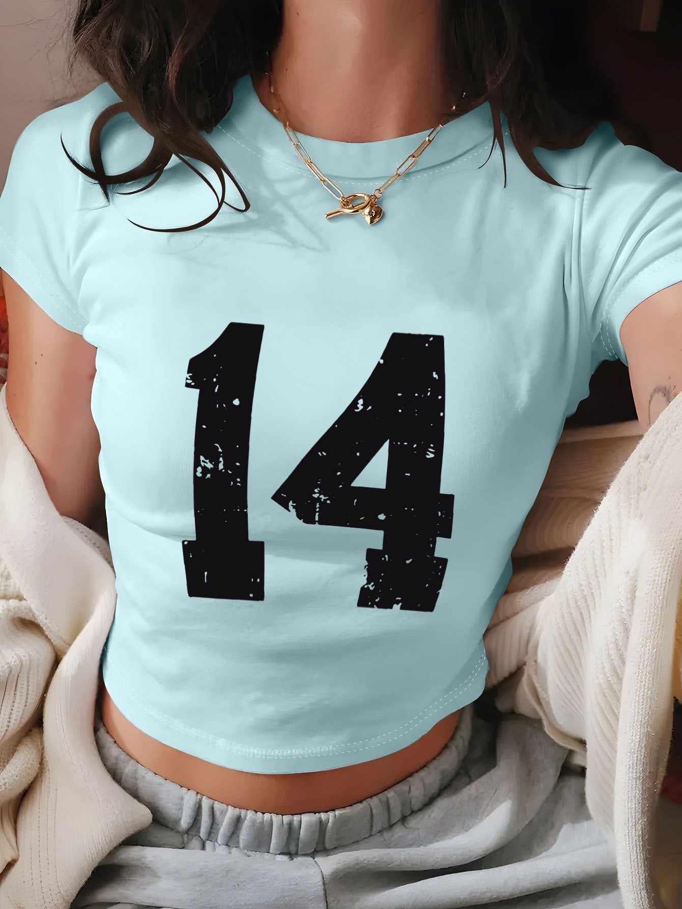 Women's Y2K Geometric Number 14 Print Crop T-Shirt - Soft Casual Top, Light Yellow with White Numerals, Spring Summer Versatile Tee, Distressed Style, Machine Washable Fabric, Comfortable Fit