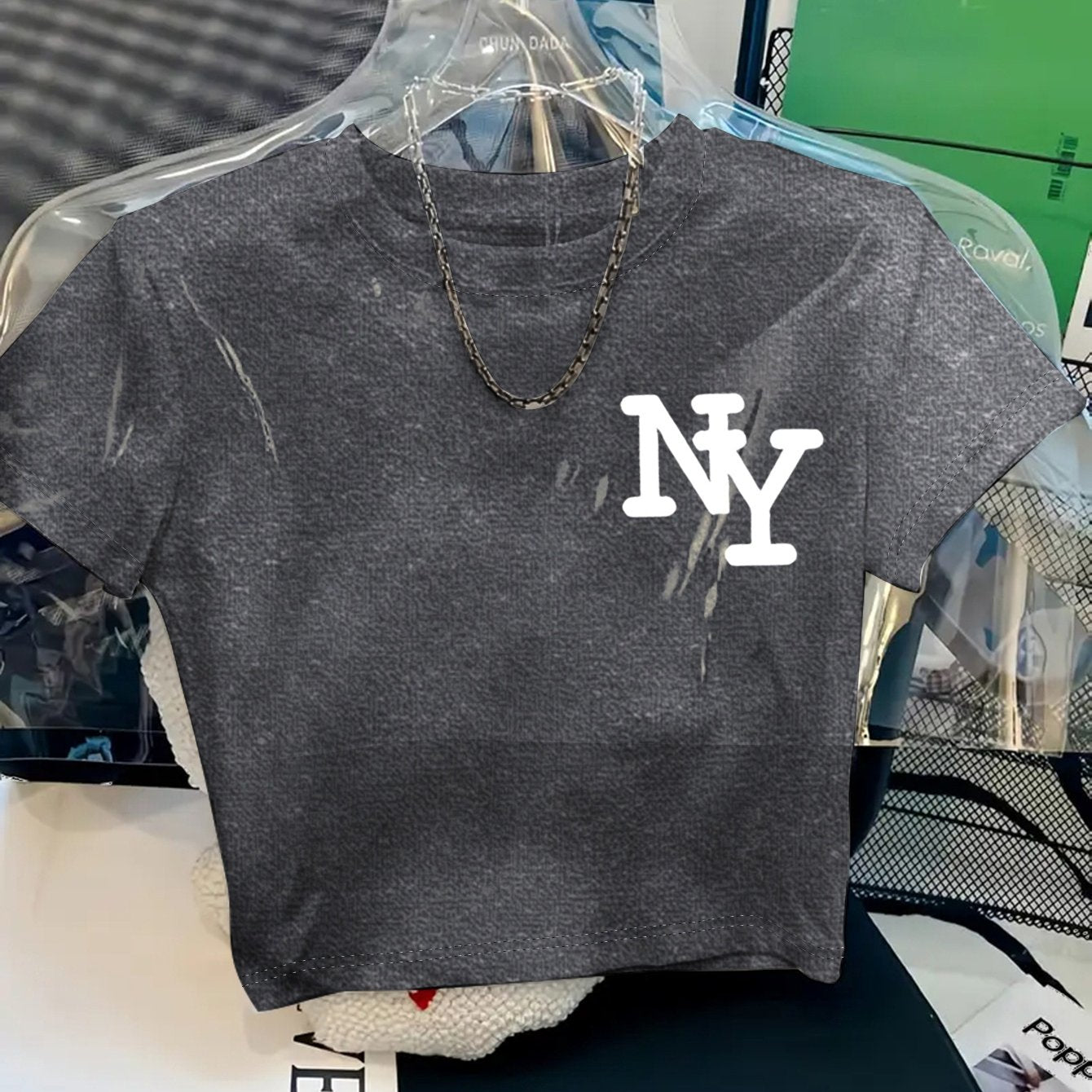 Women's Y2K Style NY Monogram Graphic T-Shirt - Soft Stretchy Polyester Blend, Oversized Cropped Fit, Machine Washable Spring/Summer Casual Top