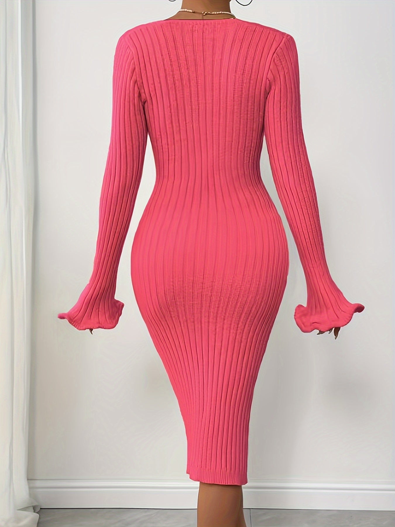 Solid Pattern Bodycon Sweater Dress - Acrylic Blend, Elegant Ribbed Knit, Middle Eastern Style, Lettuce Trim Fluted Sleeves, Square Neckline