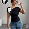 Women's Elegant 3D Floral Applique Knit Top - 100% Polyester, Medium Stretch, All-Season Versatile Black Shirt for Casual & Formal Outfits, Floral Print Blouse