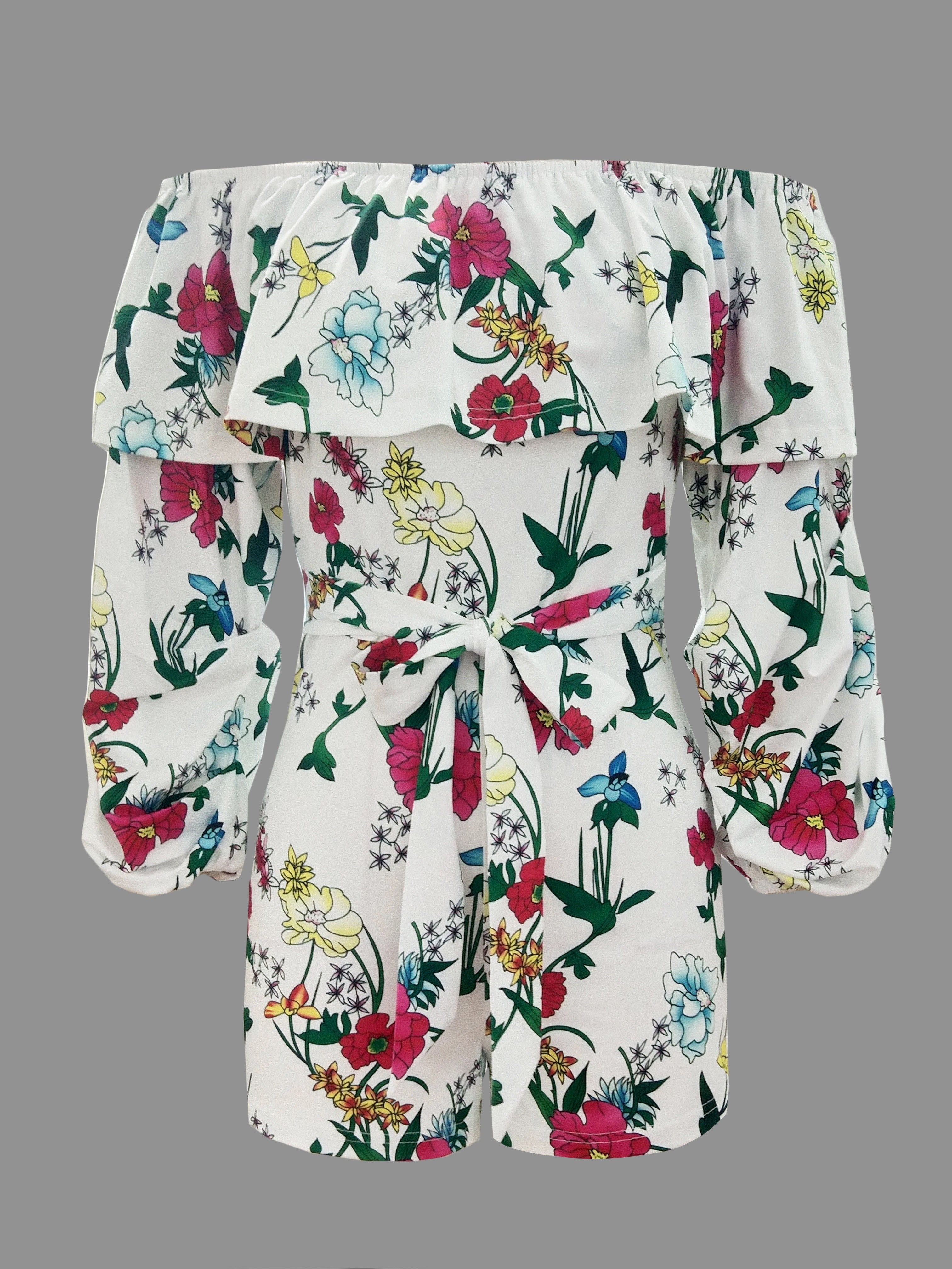 Floral Print Off Shoulder Romper Jumpsuit, Elegant Backless Tie Waist Ruffle Trim Skinny Romper Jumpsuit, Women's Clothing
