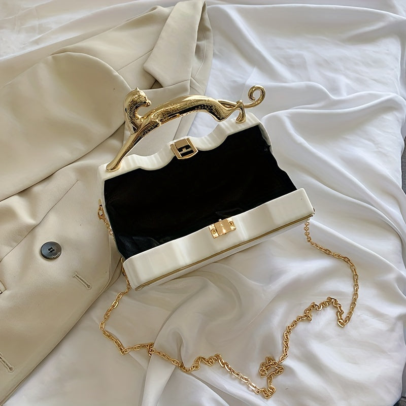 Stylish White Clip-On Bag with Golden Chain Strap - Elegant Kiss Lock Design, Detachable Shoulder Strap, Perfect for Everyday Use