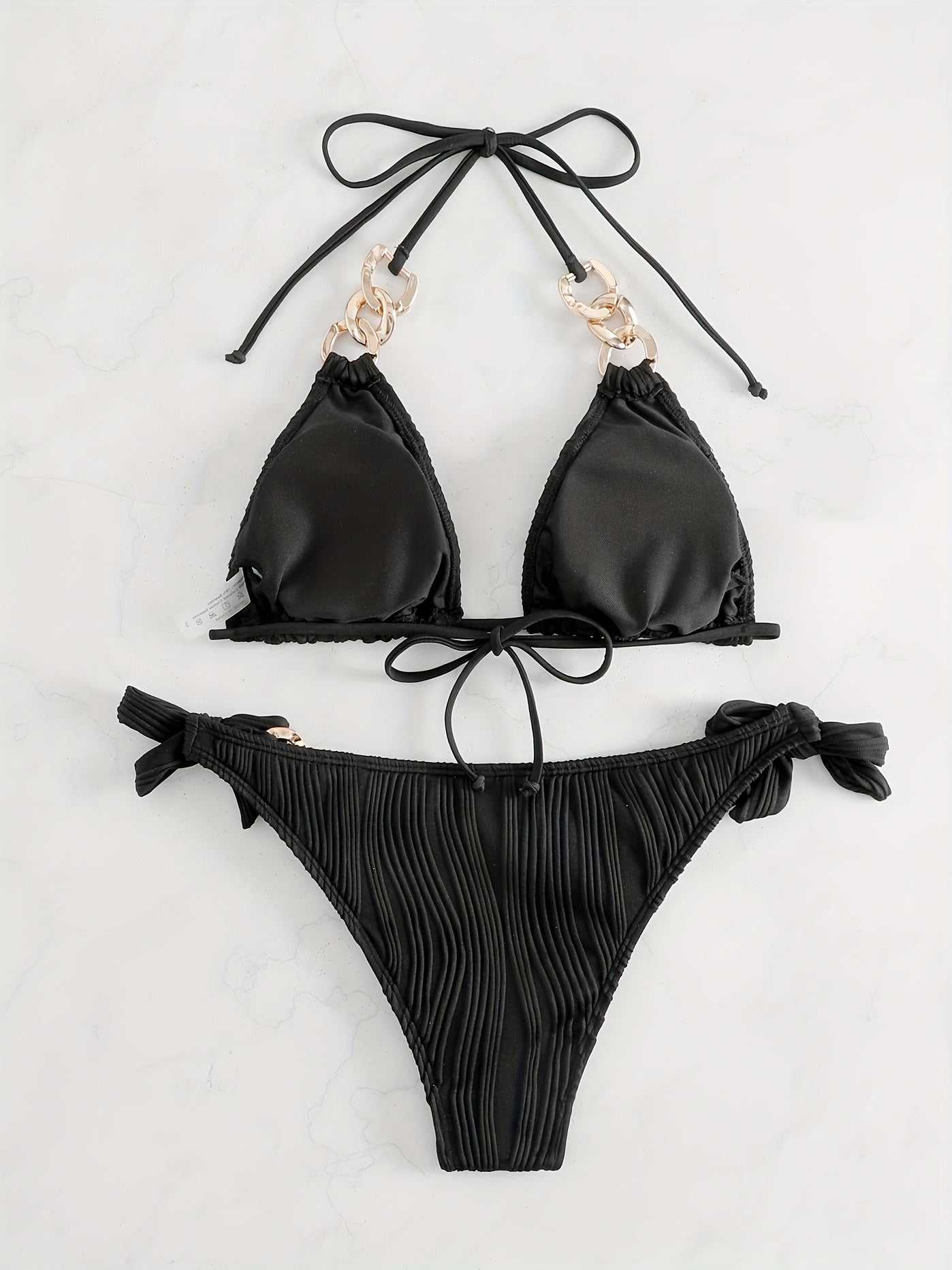 Stripes Ruched Texture Golden Chain Ring Link Halter 2 Piece Set Bikini, Bow Tie Side Triangle Halter Tie Neck Stretchy Swimsuit For Beach Pool Bathing, Women's Swimwear & Clothing