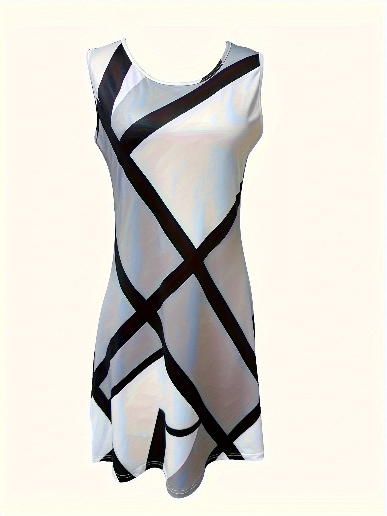 Women'S Casual Sleeveless Dress, Geographical Pattern Color Block, Crew Neck, Knit Fabric, 95% Polyester 5% Spandex, Striped All Over Print, Fit and Flare, for Spring/Summer/Fall