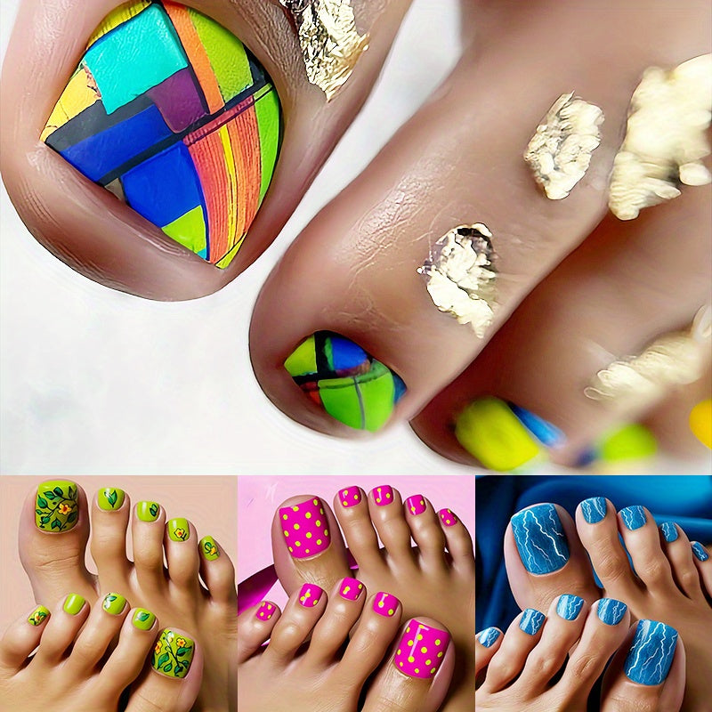 96pcs (4Pack)Reusable Nail Stickers with Mixed Color Short Squares, Glossy Surface, Leaf And Flower Patterns, Suitable for Spring And Summer Fashion Press Nail Stickers