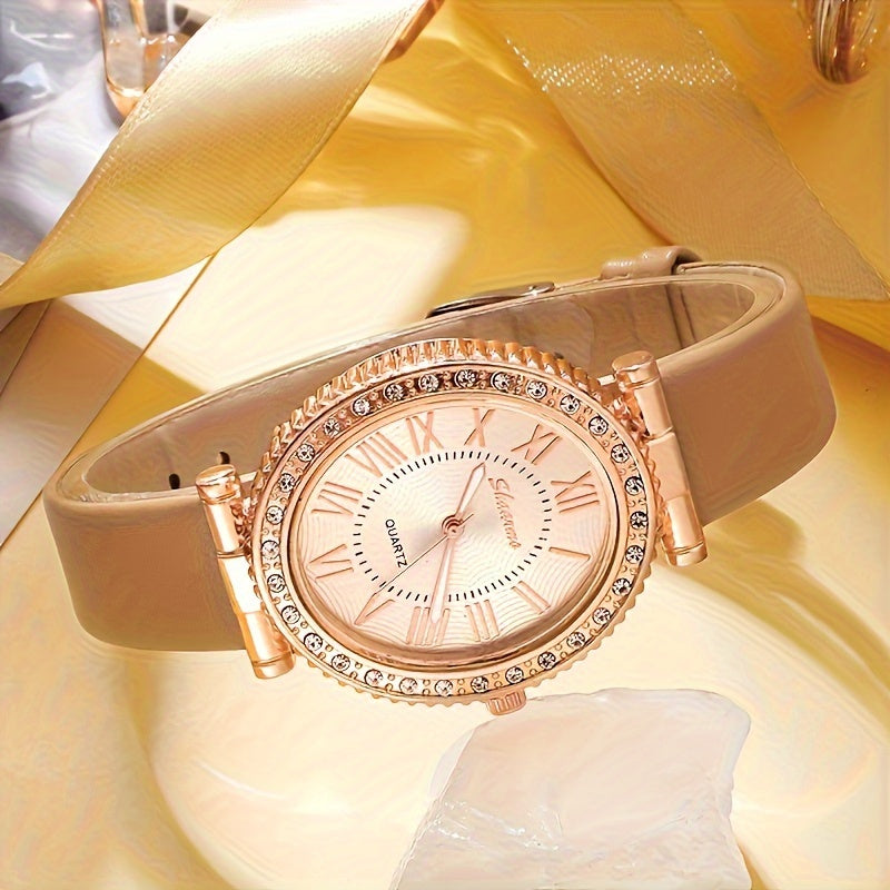 Luxury 5pcs Women's Rhinestone Quartz Watch Set - Chic oval case paired with casual PU Leather strap, elegant gift for Mom or her, fashion timepiece with classic design