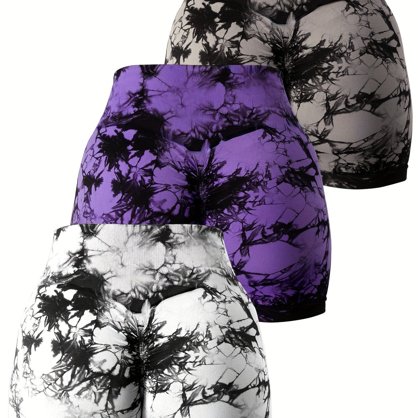 3pcs Women's High Waist Tie-Dye Yoga Shorts - Seamless, Stretchy Nylon Workout Shorts with Vibrant Purple & Black Tie-Dye Pattern, Breathable Gym & Athletic Gear for Summer