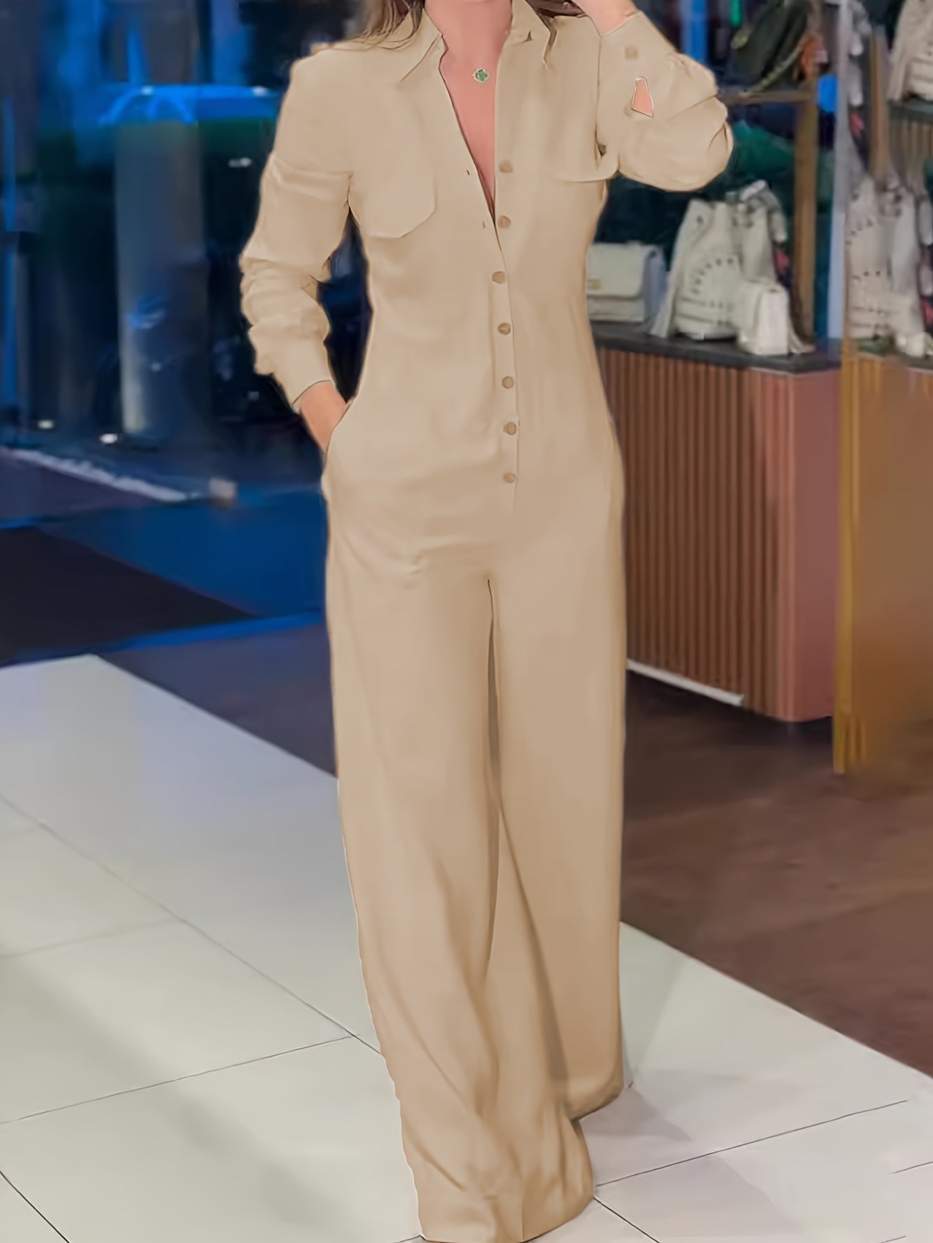 Elegant Solid Color V-Neck Jumpsuit for Women - Long Sleeve, Button-Up, Wide-Leg Design, Polyester, Machine Washable - Perfect for Spring & Fall