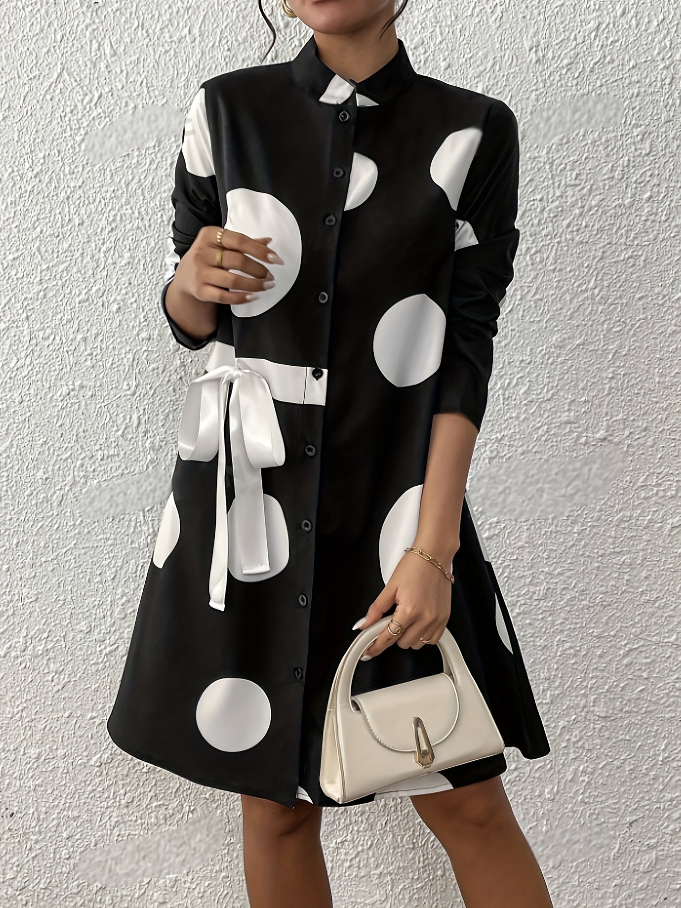 Women's Casual Polka Dot Long Sleeve Knee-Length Dress with Stand Collar and Bow Detail, 100% Polyester Woven Fabric, All-Season Loose Fit A-Line Dress with Flared Hem, Long Sleeve Dress