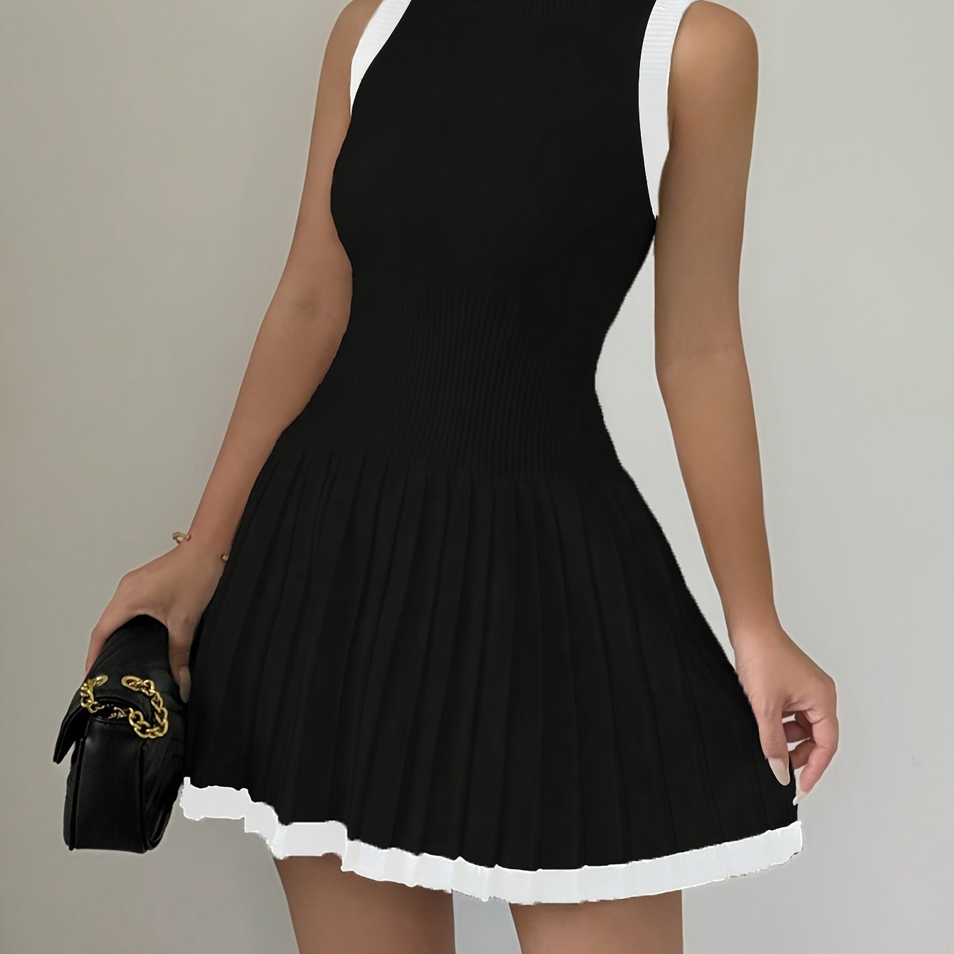 1pc Elegant Summer Knit Dress for Women, Casual Style Color Block Sleeveless A-Line Dress with Stand Collar, Polyester 95% Spandex 5% Knit Fabric, Stand Collar