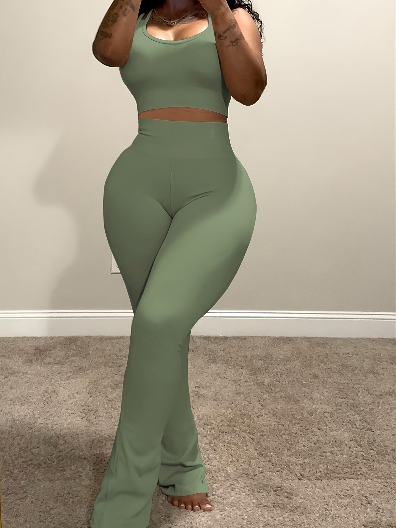 Women's Green 2-Piece Flare Yoga Pants & Sleeveless Crop Top Set – High-Waisted, Soft Stretch Activewear for Travel, Workouts & Casual Days