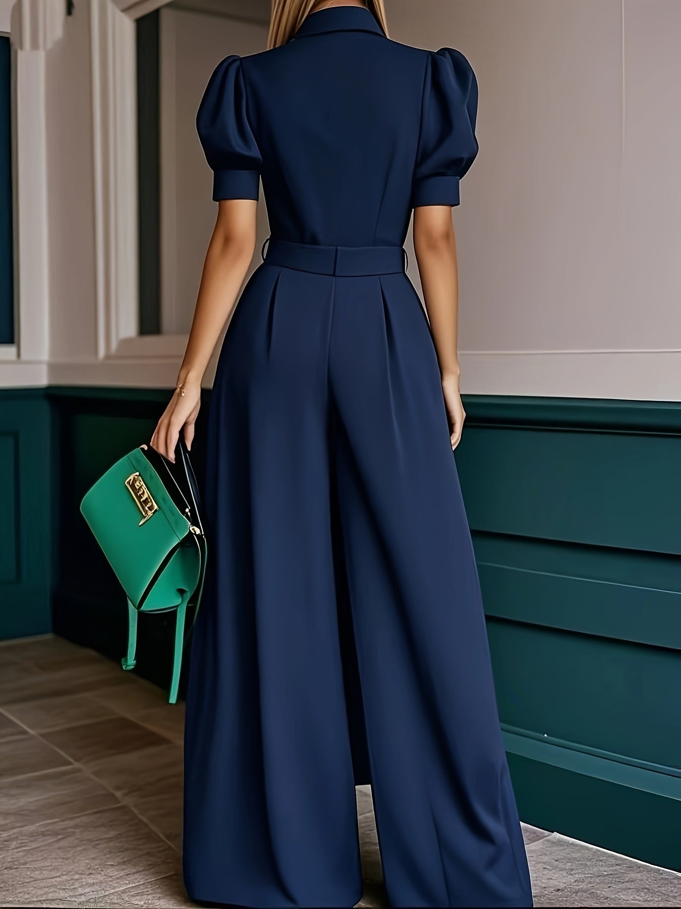 Women's Mint Green Collar Loose-Fit Jumpsuit - Summer Solid Color Machine-Washable Jumpsuit for Casual & Professional Outfits, Professional Attire | Wideleg Outfit | Nonstretch Fabric, Ladies Jumpsuits