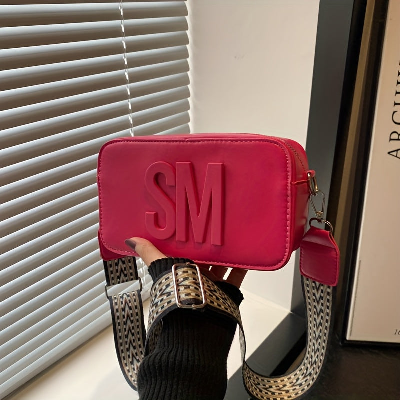 Stylish Crossbody Bag with Wide Strap – Trendy Solid Color Shoulder Bag Featuring Bold "SM" Letter Design, Zip Closure, and Polyester Lining – Available in Coffee Brown, Light Brown, Magenta, White, Red, Green, Black, Sma