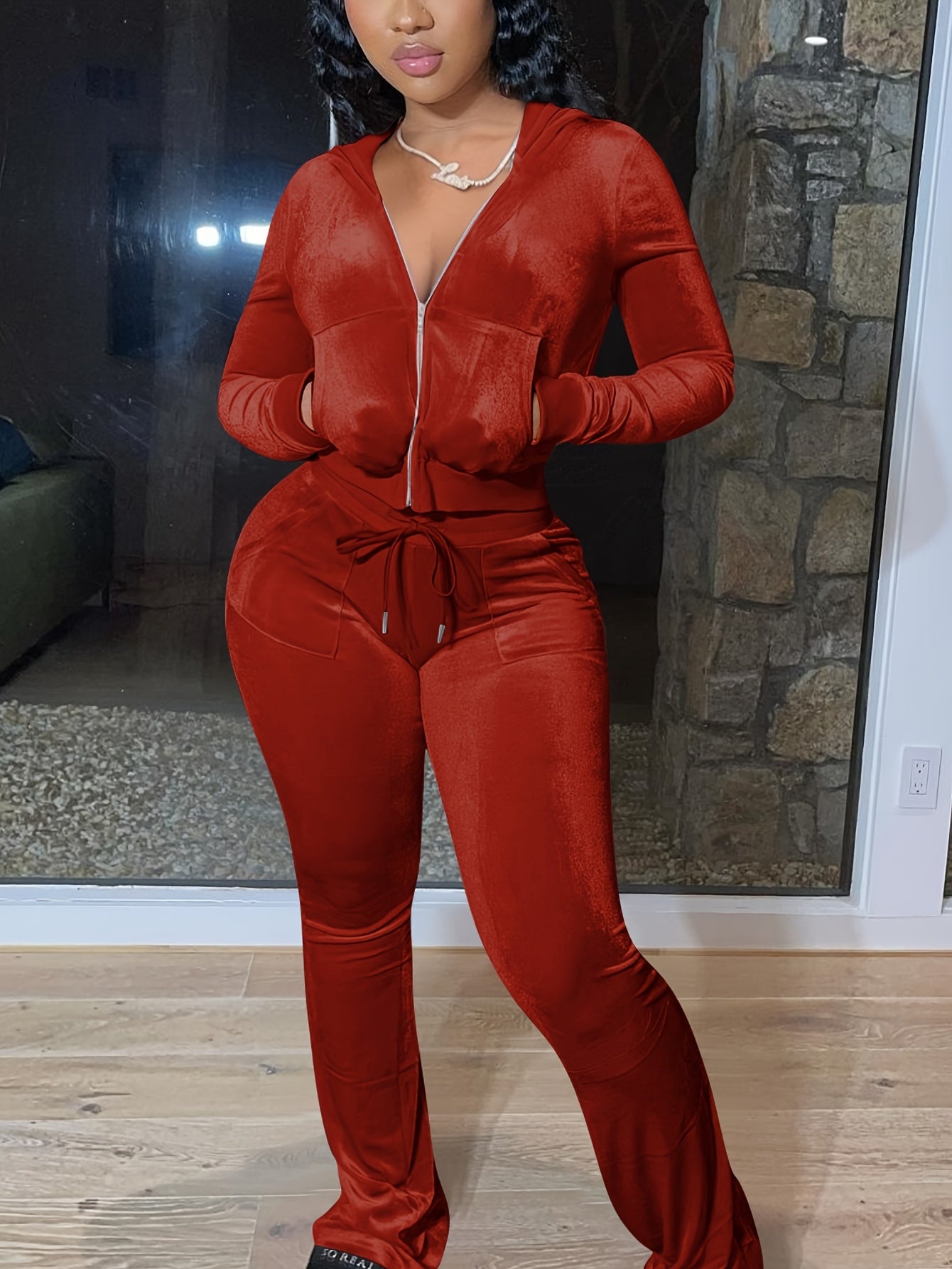 European And American Women's Fashion Casual Solid Color Velvet Hooded Two-piece Set