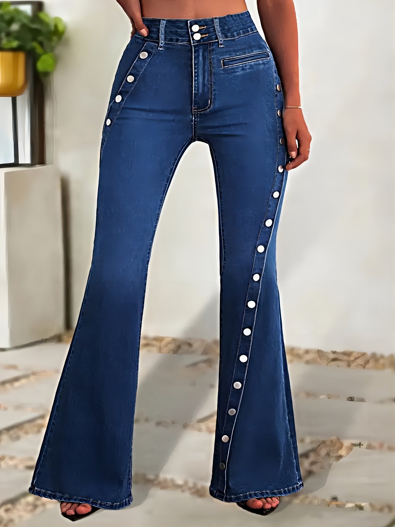 Vibrant Washed Blue Retro Style Flare Leg Stretchy Denim Pants - Zipper Button Closure, Comfortable & Versatile Women's Jeans with Decorative Buttons - Perfect for Casual Daily Wear, Outdoor Activities & More