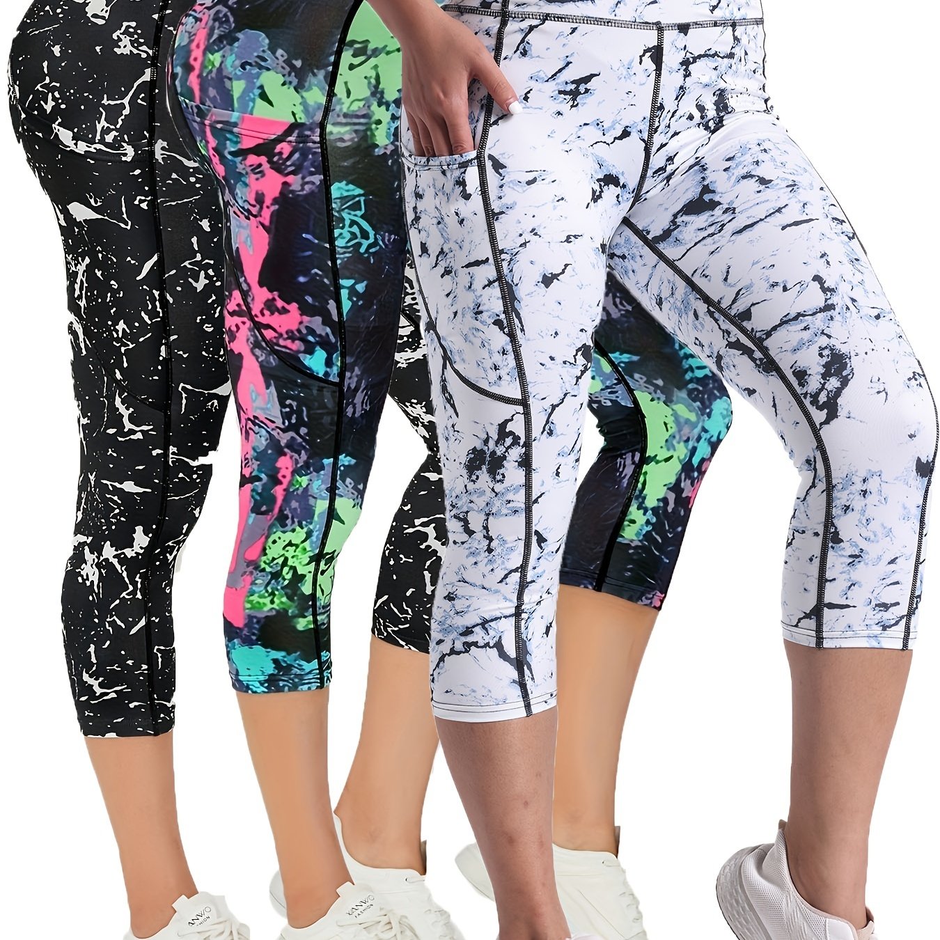 3pcs High Waist Yoga Capris Pants For Women, Tummy Control Workout Capri Leggings With Pockets, Fitness Running Capri Pants