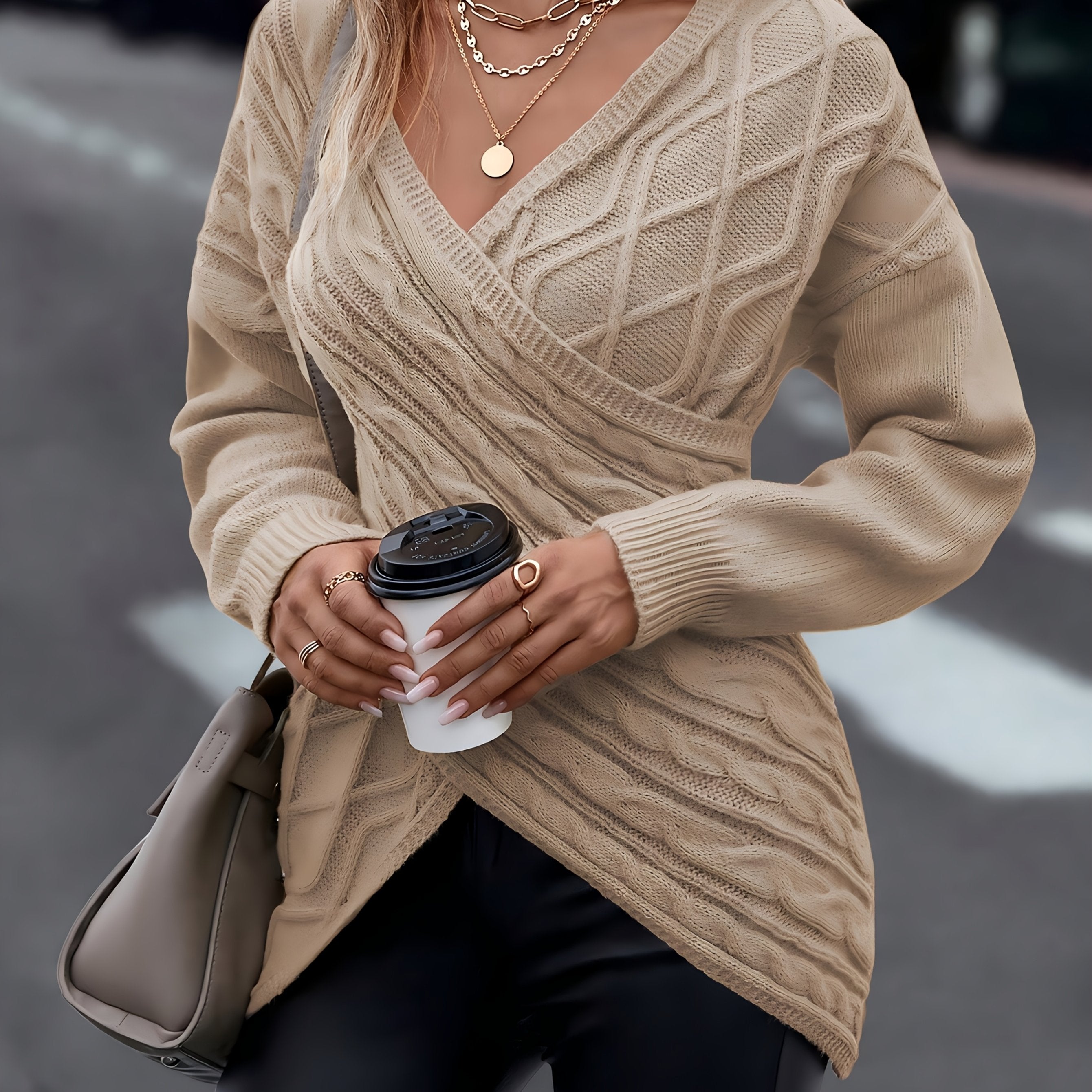 Cable Knit Cross Front Sweater - Elegant Long Sleeve Sweater For Fall & Winter - Women's Clothing - Soft & Cozy Knit Material - Perfect Gift for Women