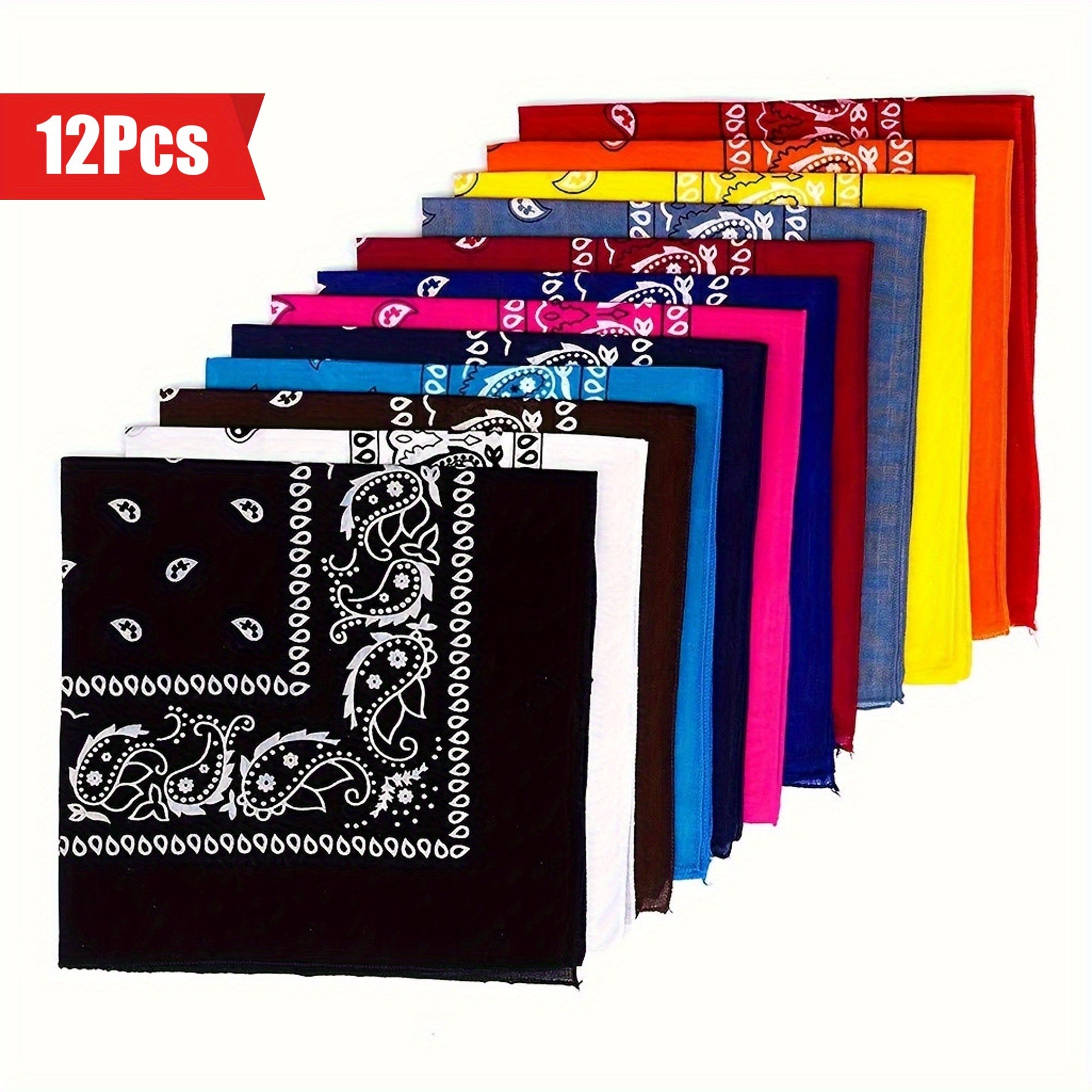 12pcs Colorful Paisley Bandanas - Soft Breathable Absorbent Square Scarves for Cycling, Motorcycling & Outdoor Activities - Large Size Unisex Men & Women - 12 Vibrant Colors, Machine Washable