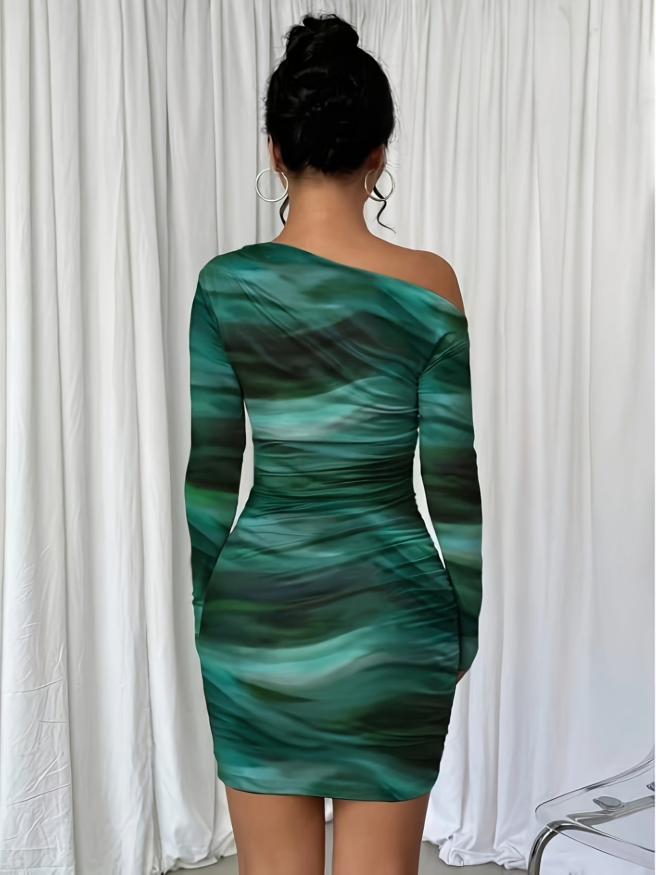 Elegant Asymmetrical Neck Tie-Dye Long Sleeve Bodycon Dress - Green & Black Marble Pattern, Skinny Fit, Perfect for Adult Women, Stylish Evening Attire|Asymmetrical Neckline|Tie Dye Pattern