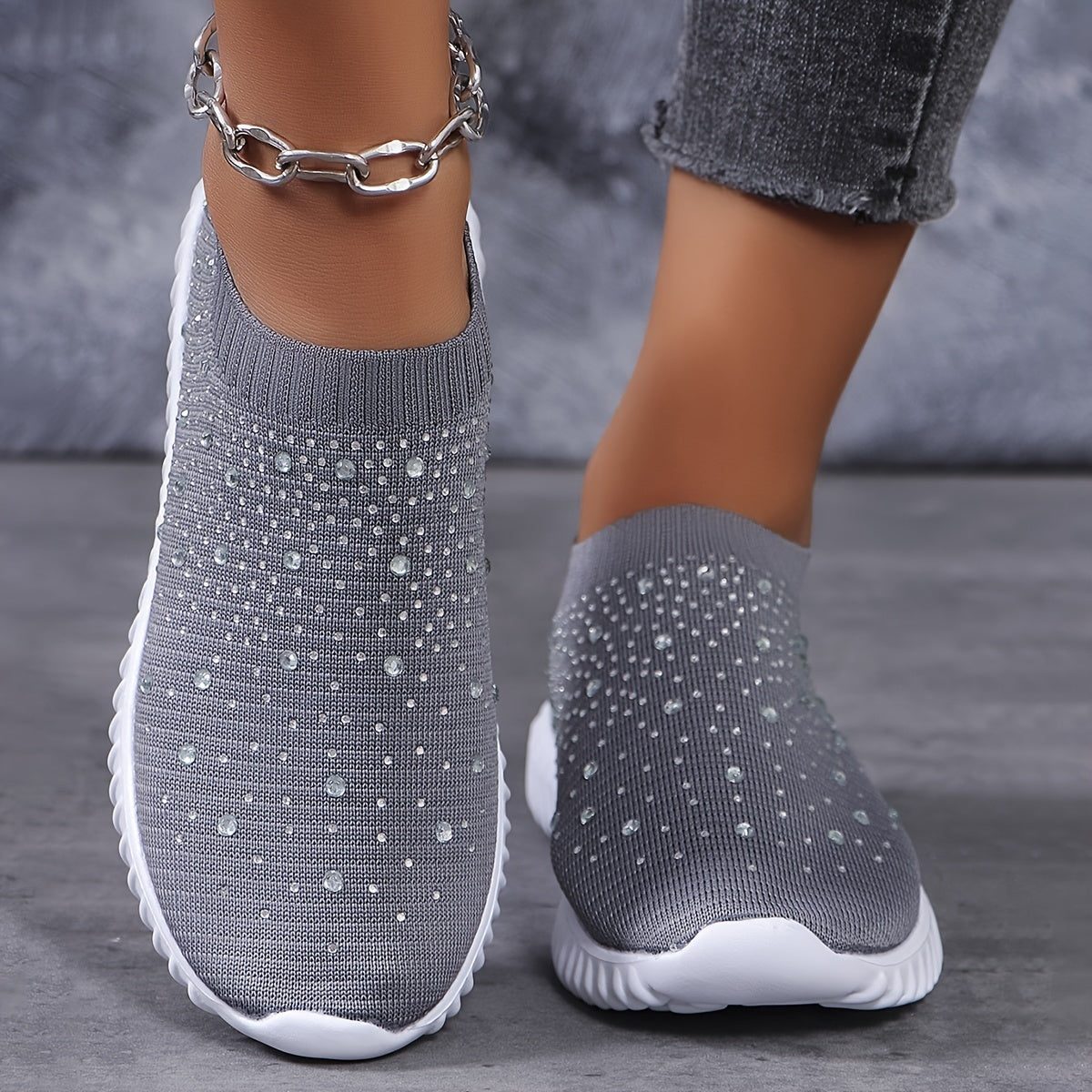 Women's Walking Sneakers With Rhinestone Decor, Breathable Fabric Casual Shoes, Comfortable Athletic Camp Shoes, Slip-on Trainer Footwear With Chunky Sole