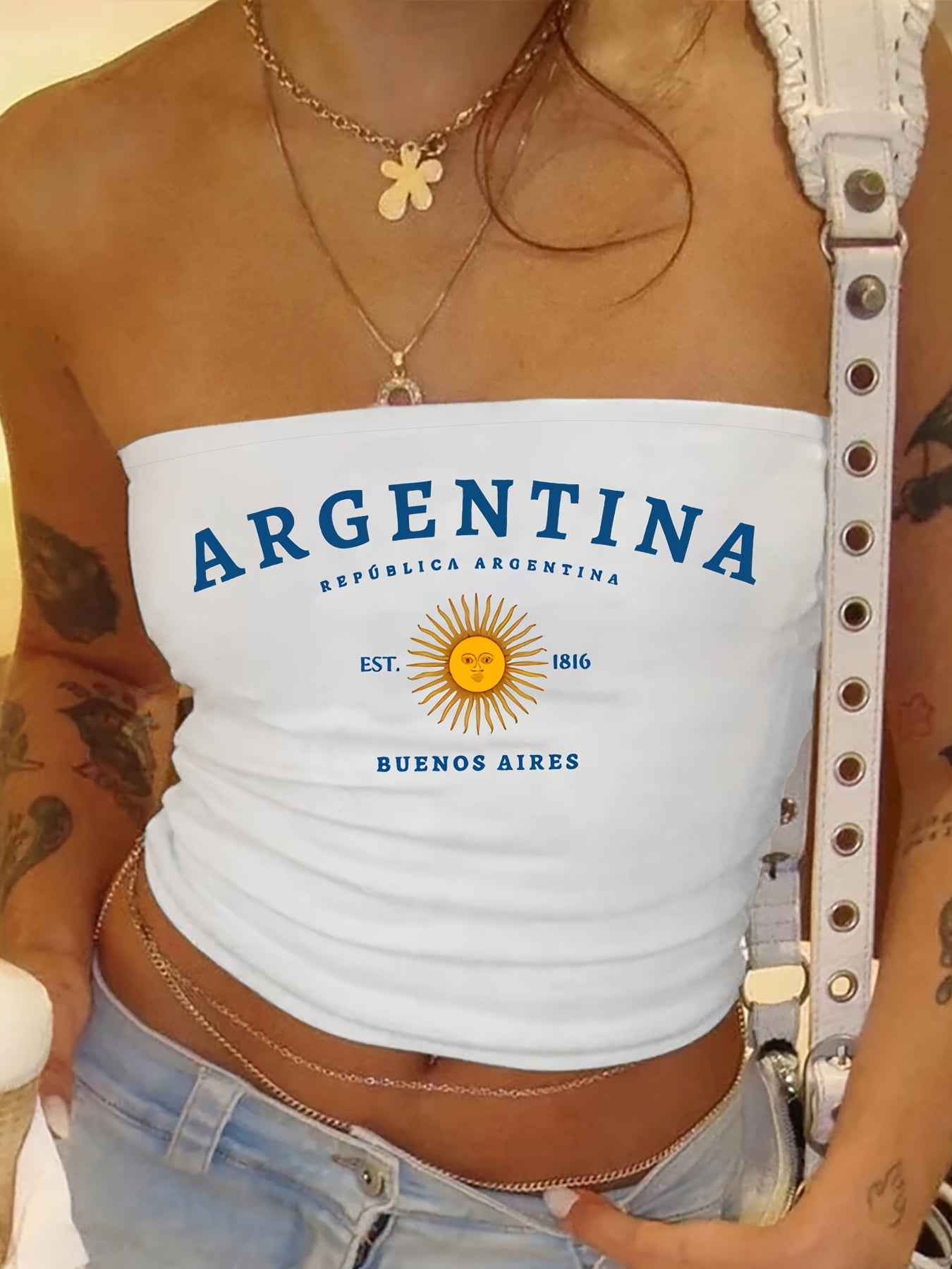 Y2K Women's Argentina Flag Print Bandeau Top - Stretchy Polyester-Spandex Blend, Semi-Sheer Casual Shirt with National Emblem Design, All-Season Comfort & Machine Washable, Casual Wear Top | Bandeau Style | Semisheer Material